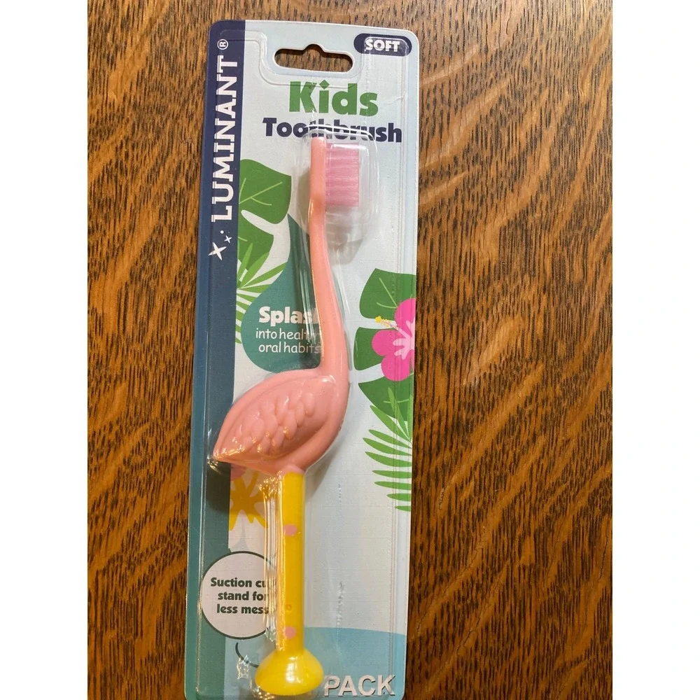 Luminant Kids Toothbrush Soft Pink Flamingo Suction Cup Stand Manual Brush